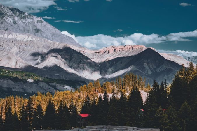 a mountain range with trees and mountains in the background